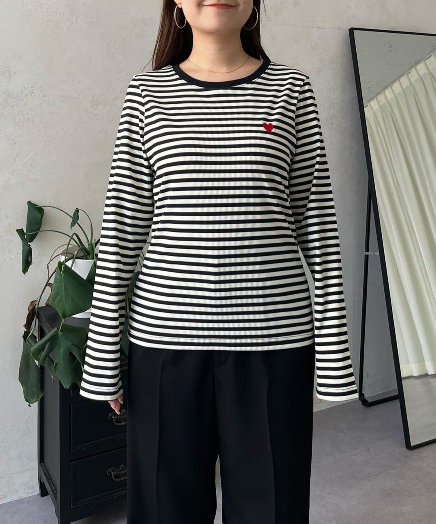 愛心刺繡條紋長袖T恤