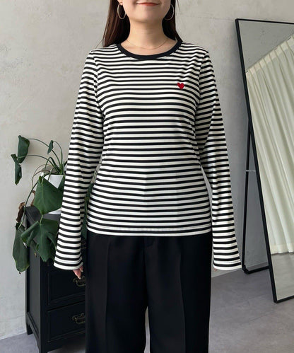 愛心刺繡條紋長袖T恤