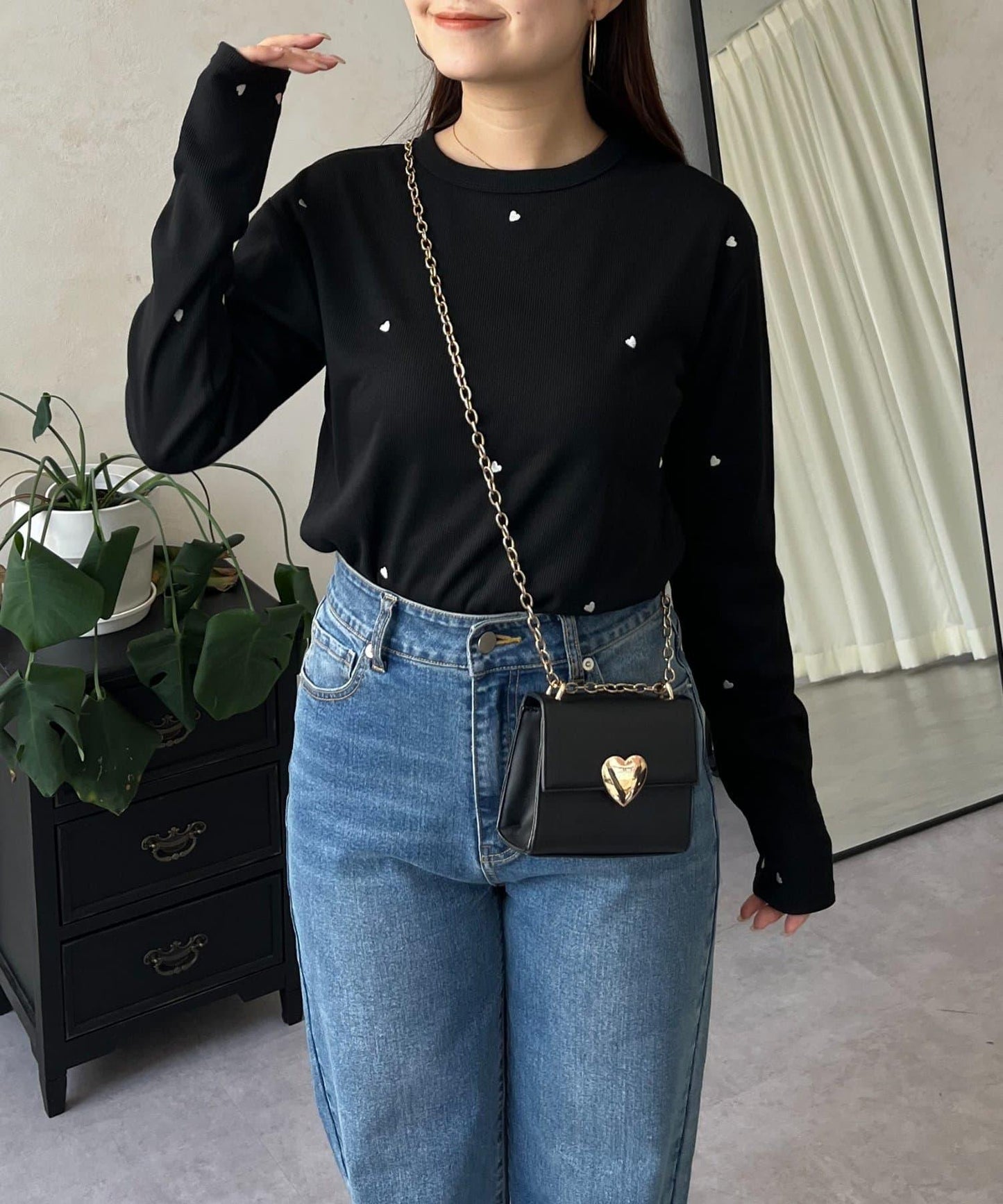 愛心刺繡羅紋長袖T恤