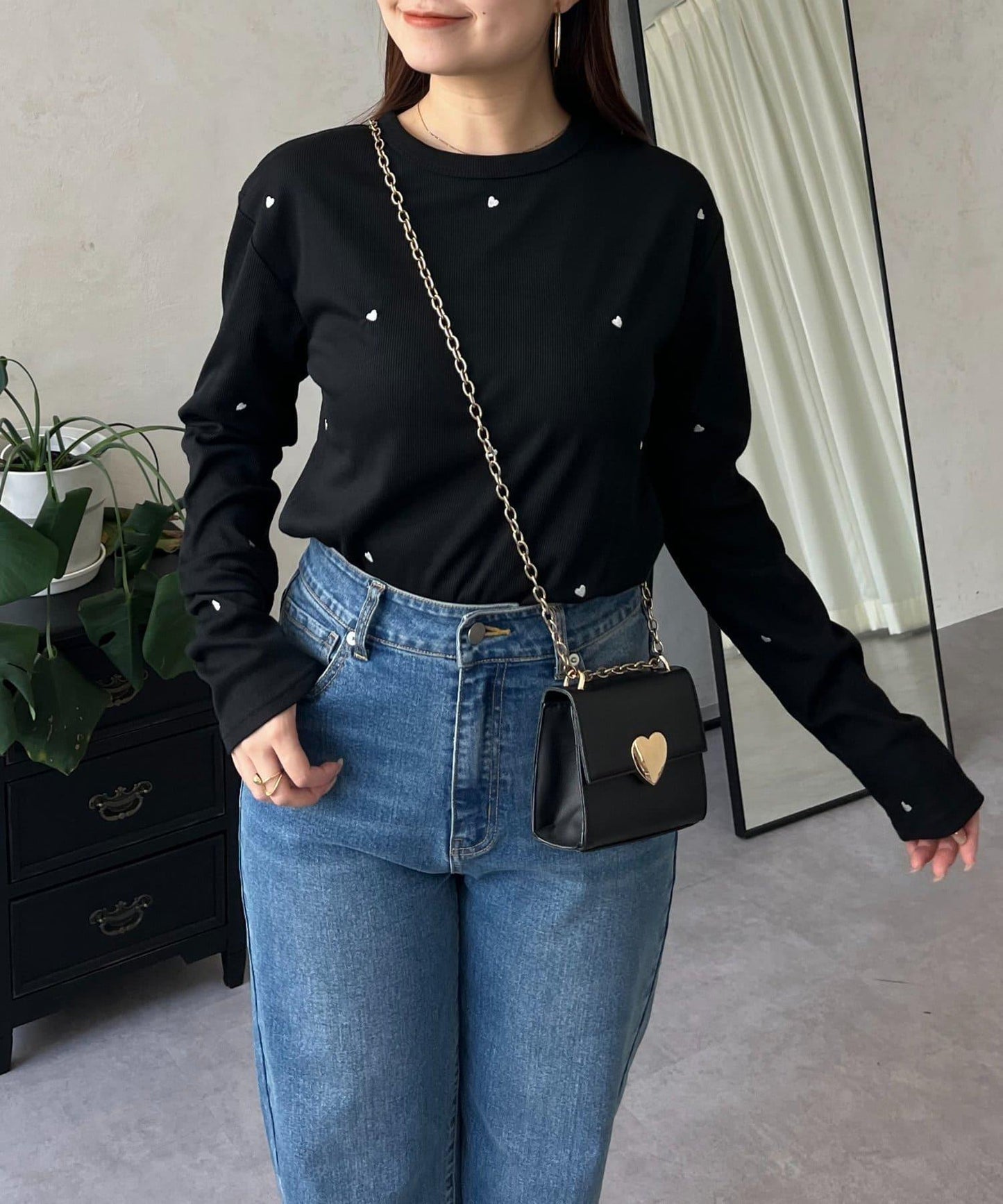 愛心刺繡羅紋長袖T恤