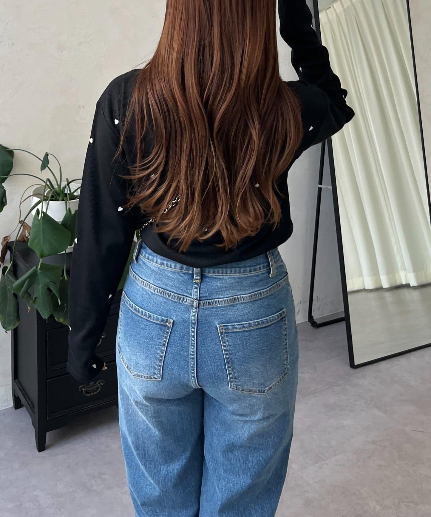 愛心刺繡羅紋長袖T恤