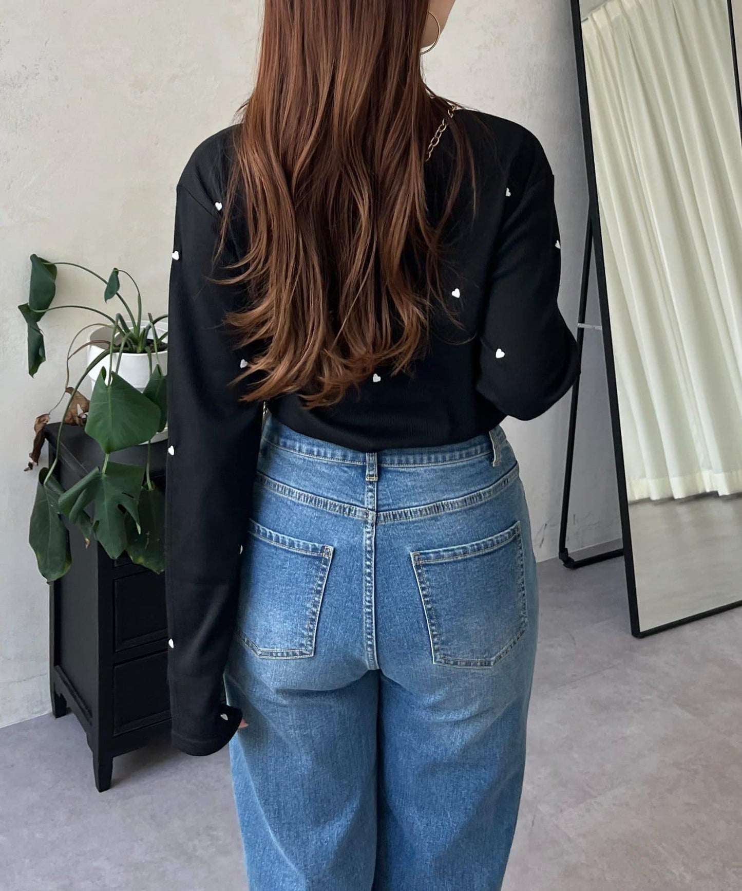 愛心刺繡羅紋長袖T恤