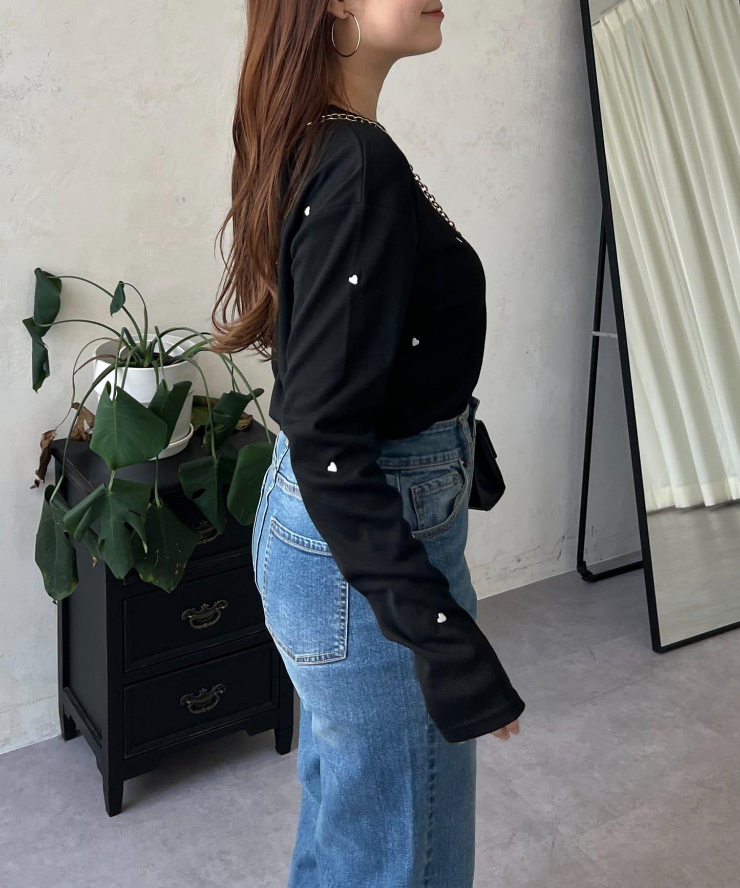 愛心刺繡羅紋長袖T恤