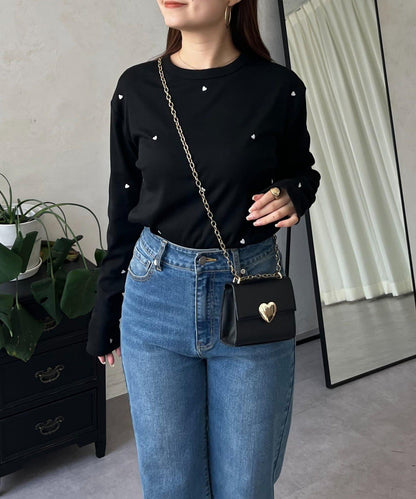 愛心刺繡羅紋長袖T恤