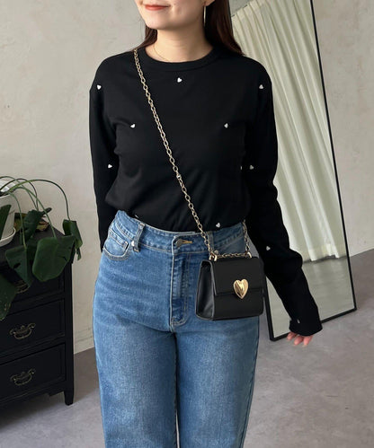 愛心刺繡羅紋長袖T恤