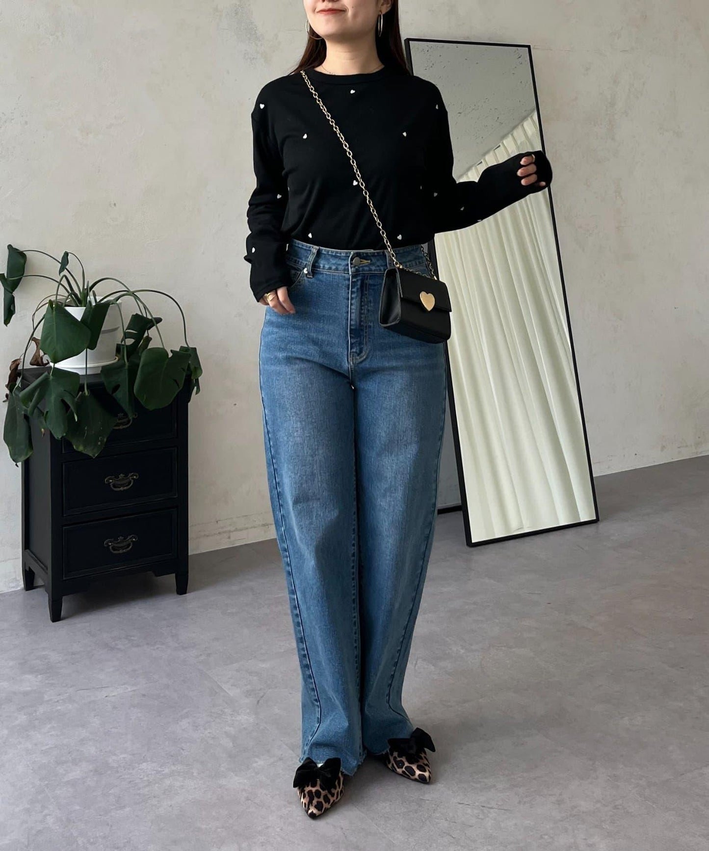 愛心刺繡羅紋長袖T恤