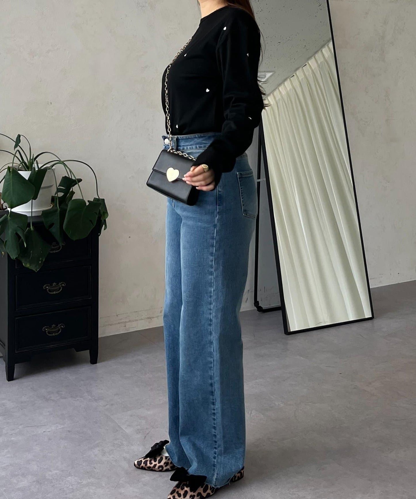 愛心刺繡羅紋長袖T恤