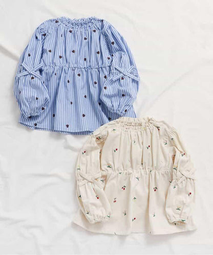 袖蝴蝶結愛心櫻桃刺繡長款上衣