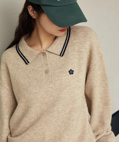領口線條 單點刺繡 針織POLO衫