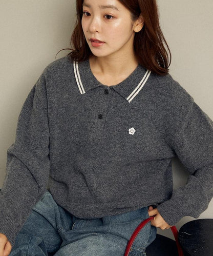 領口線條 單點刺繡 針織POLO衫