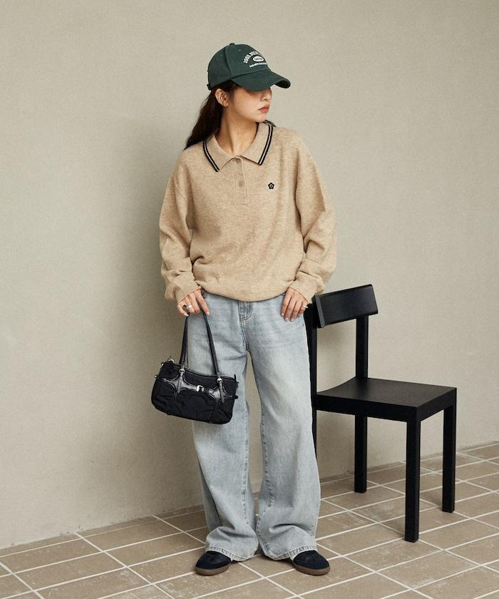 領口線條 單點刺繡 針織POLO衫