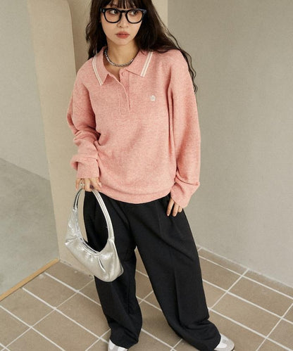 領口線條 單點刺繡 針織POLO衫