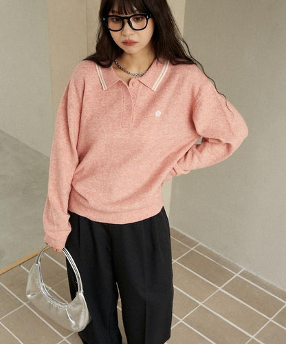 領口線條 單點刺繡 針織POLO衫