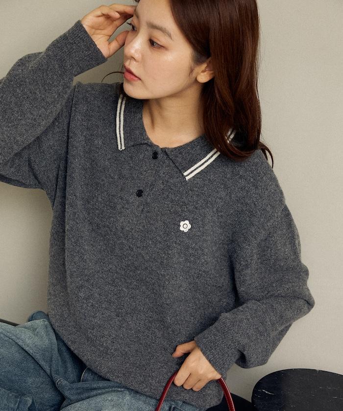領口線條 單點刺繡 針織POLO衫