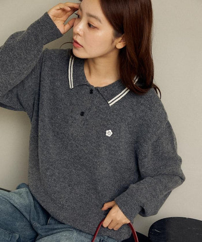 領口線條 單點刺繡 針織POLO衫