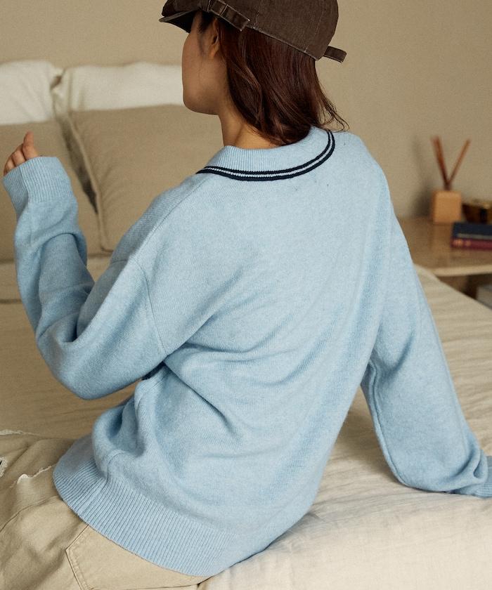 領口線條 單點刺繡 針織POLO衫