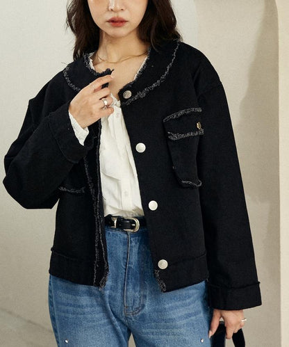 花朵裝飾紐扣無領牛仔夾克