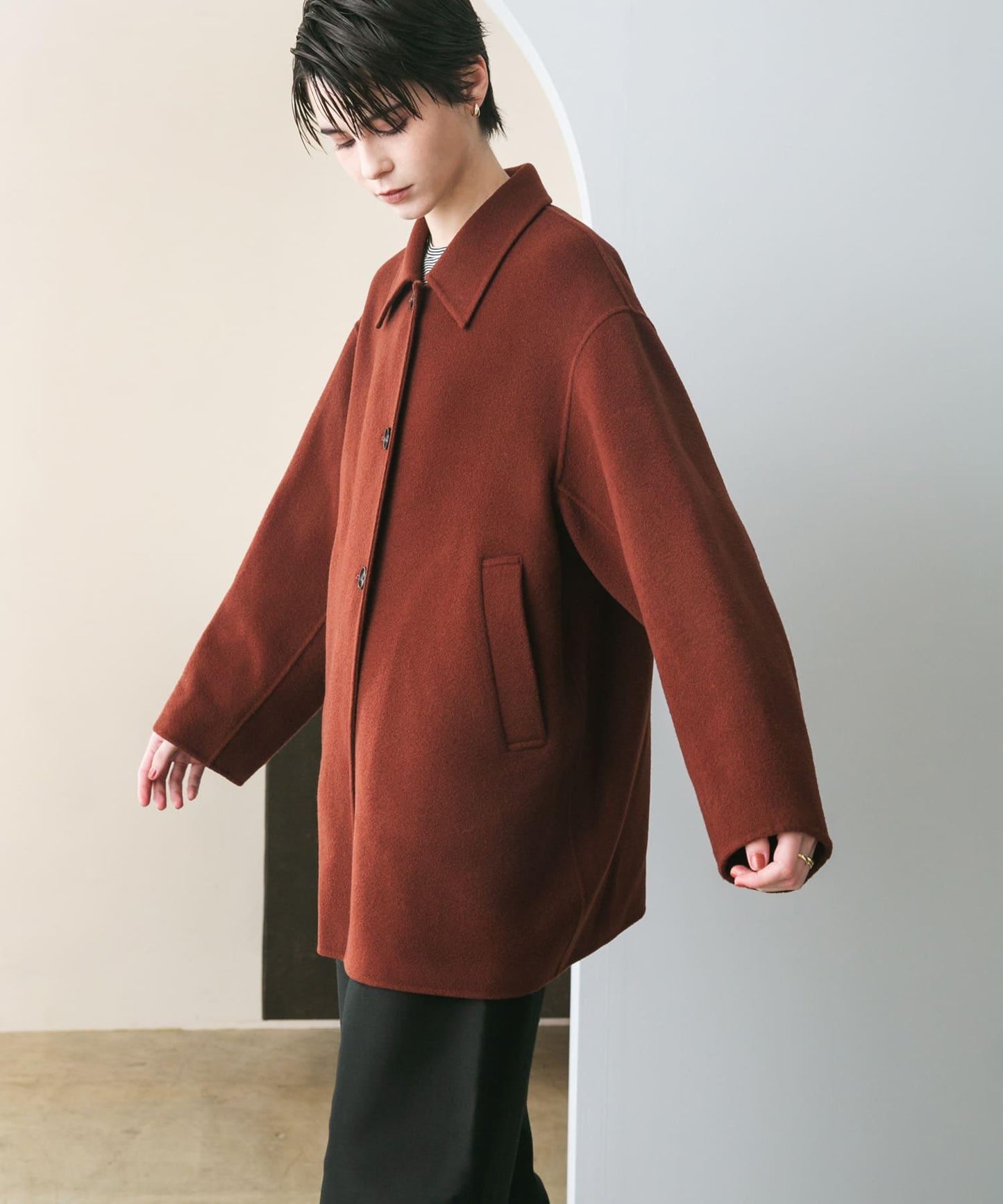 Super140羊毛單面翻領中長大衣