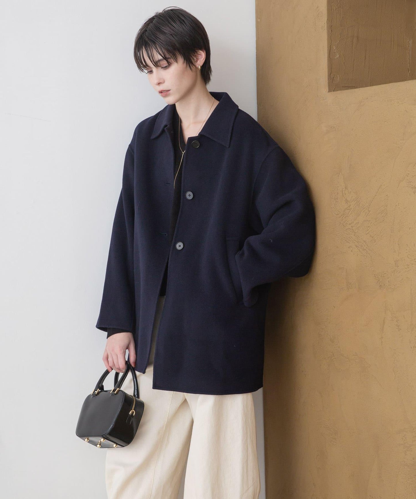 Super140羊毛單面翻領中長大衣