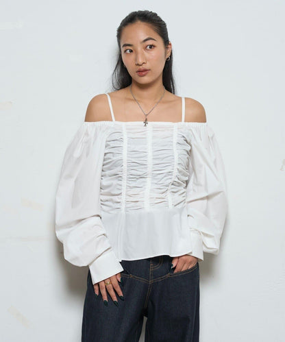 2WAY一字肩泡泡袖襯衫