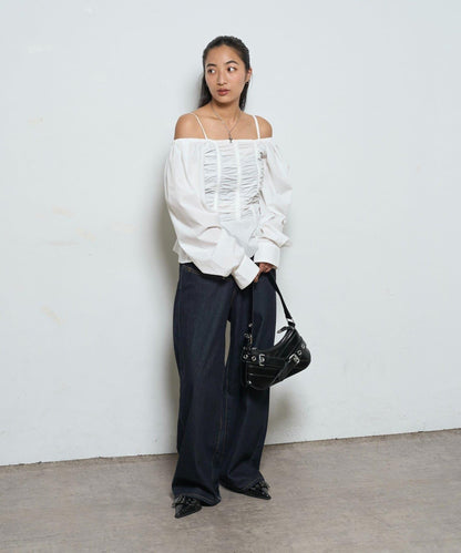 2WAY一字肩泡泡袖襯衫