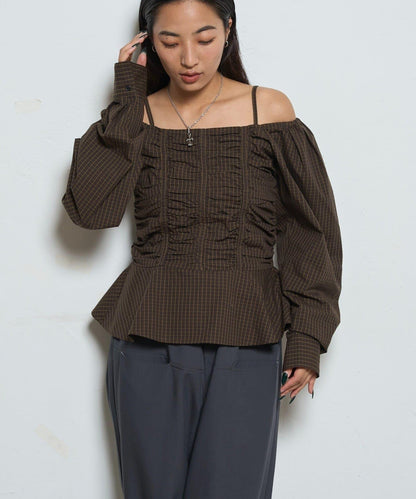 2WAY一字肩泡泡袖襯衫