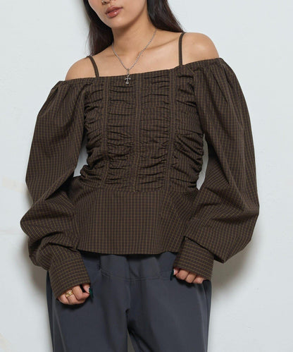 2WAY一字肩泡泡袖襯衫