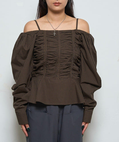 2WAY一字肩泡泡袖襯衫