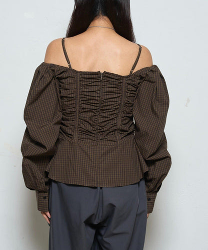 2WAY一字肩泡泡袖襯衫