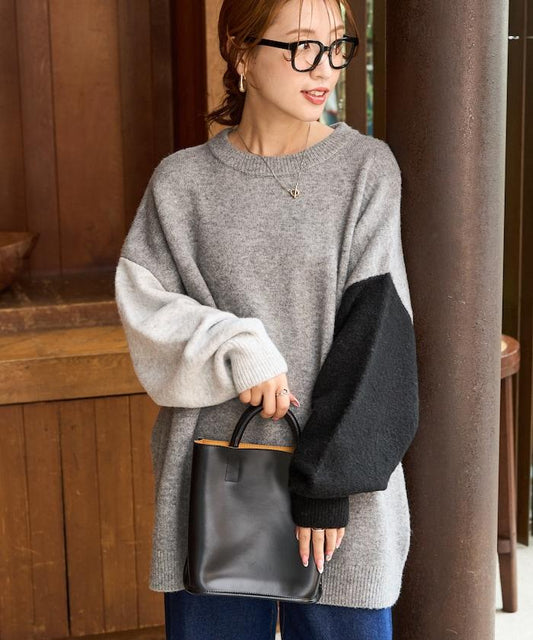 拼色寬鬆針織套頭衫