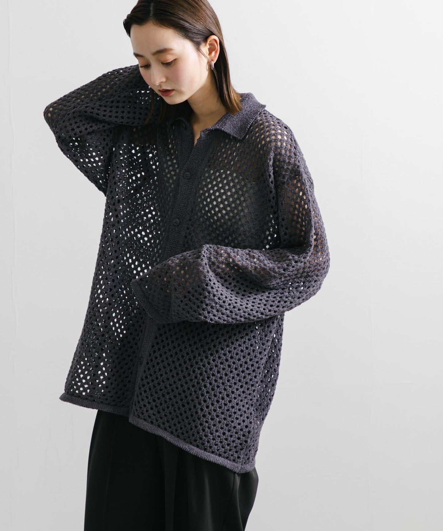 中性款網眼拼接翻領開衫