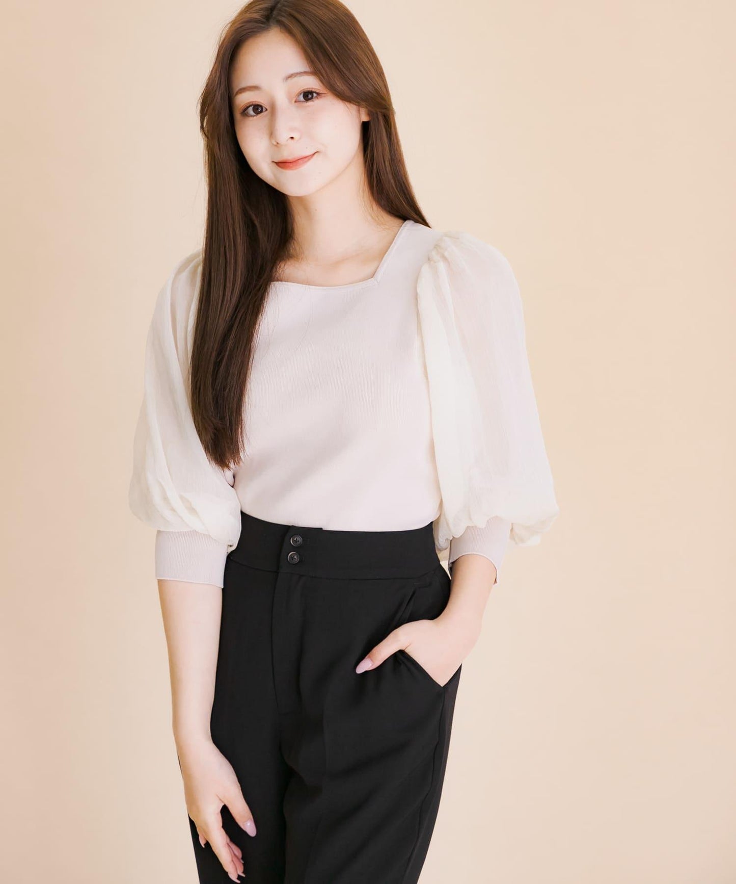 透視感蓬鬆袖針織衫（五分袖）