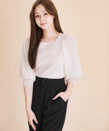 透視感蓬鬆袖針織衫（五分袖）