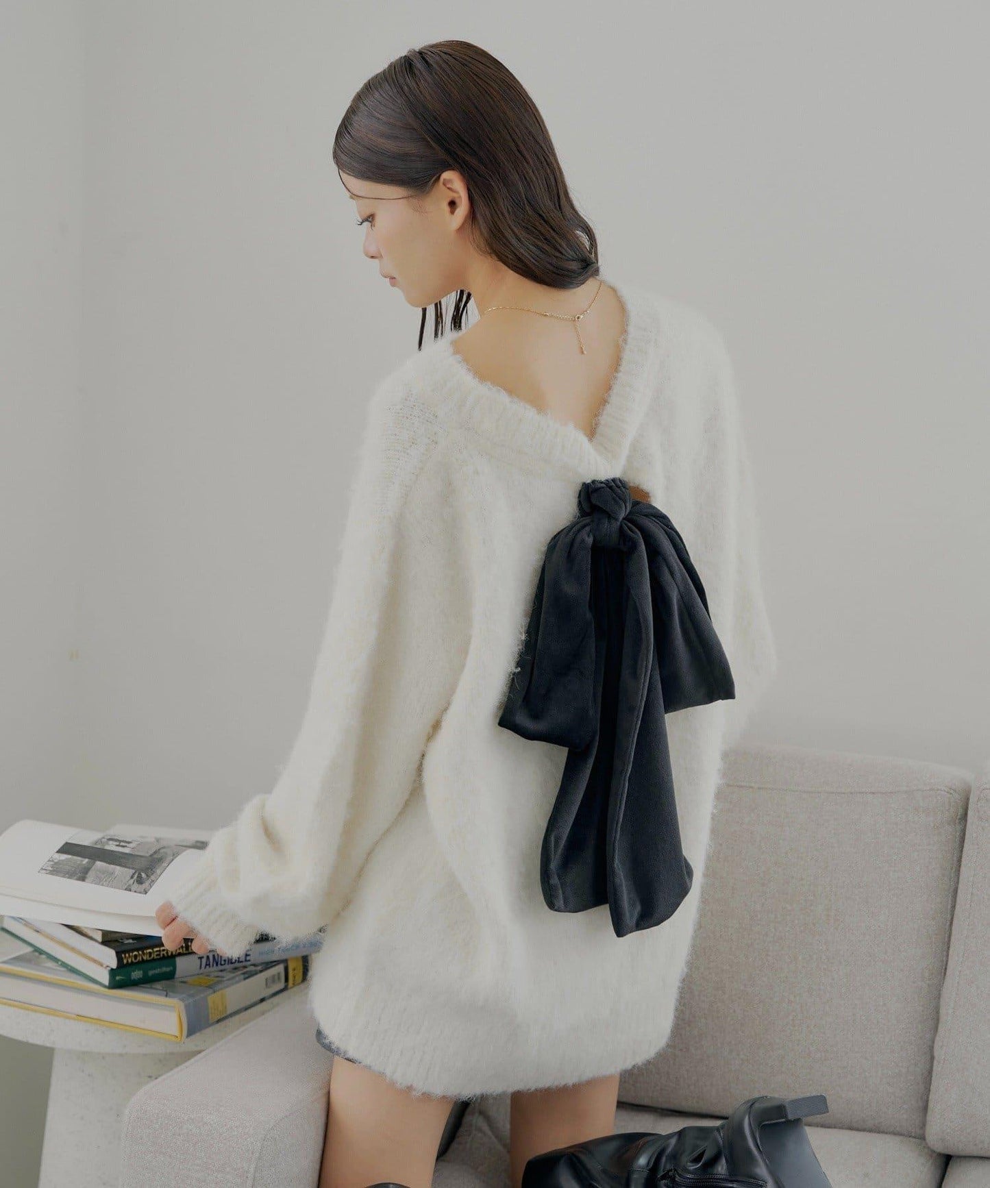 2WAY背部開口天鵝絨蝴蝶結寬鬆針織衫