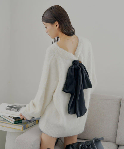 2WAY背部開口天鵝絨蝴蝶結寬鬆針織衫