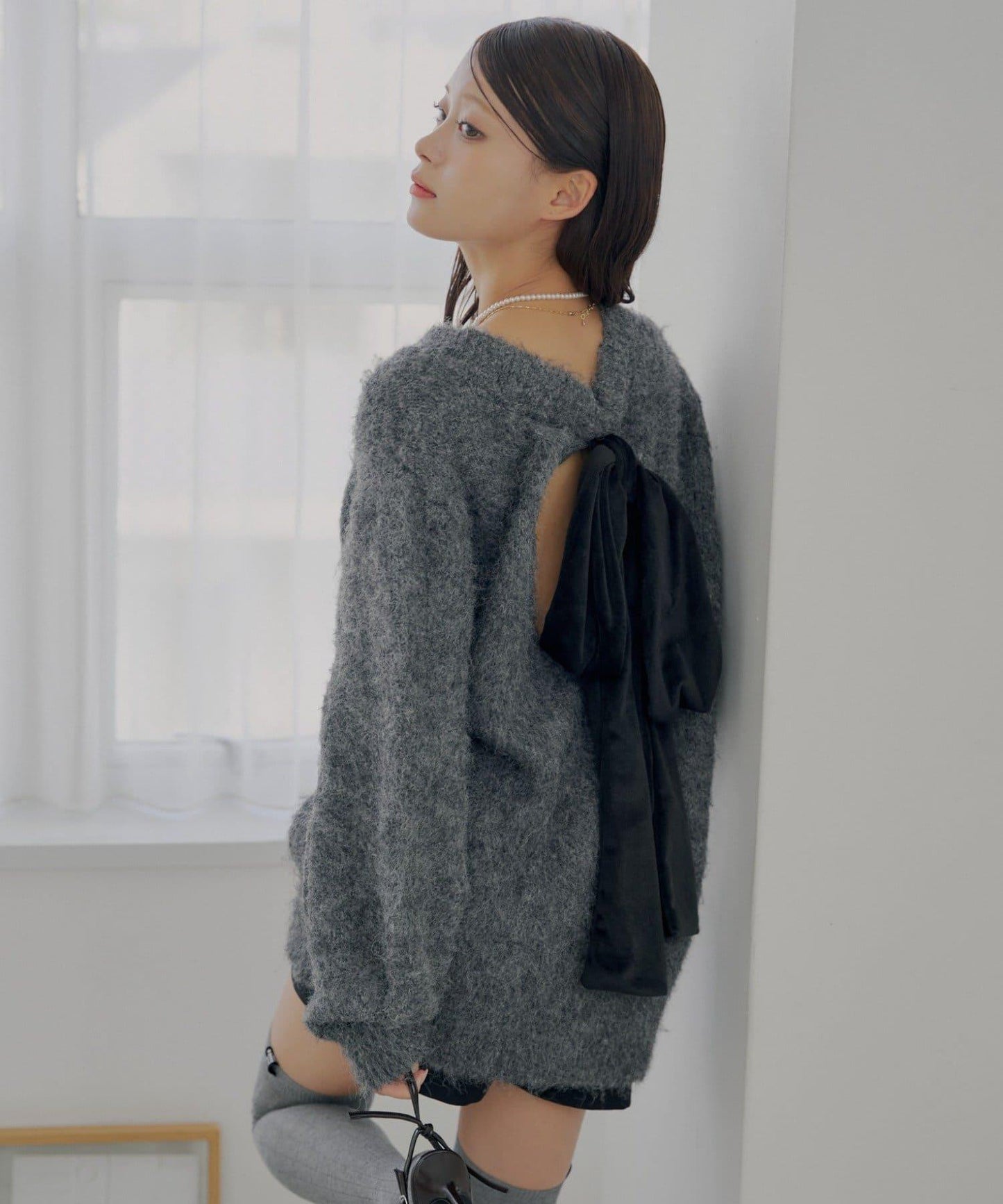 2WAY背部開口天鵝絨蝴蝶結寬鬆針織衫