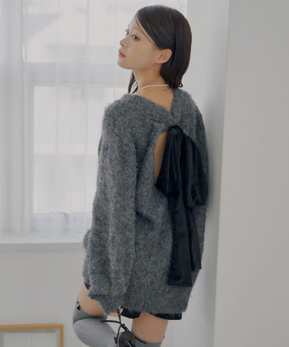 2WAY背部開口天鵝絨蝴蝶結寬鬆針織衫