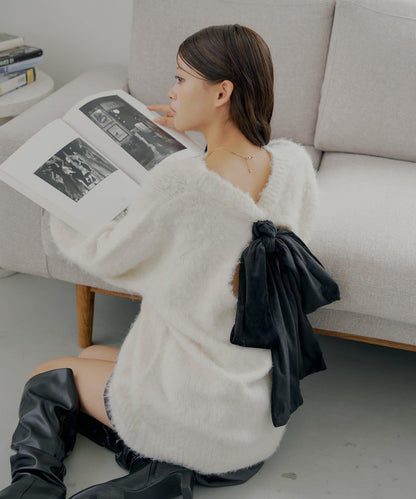 2WAY背部開口天鵝絨蝴蝶結寬鬆針織衫