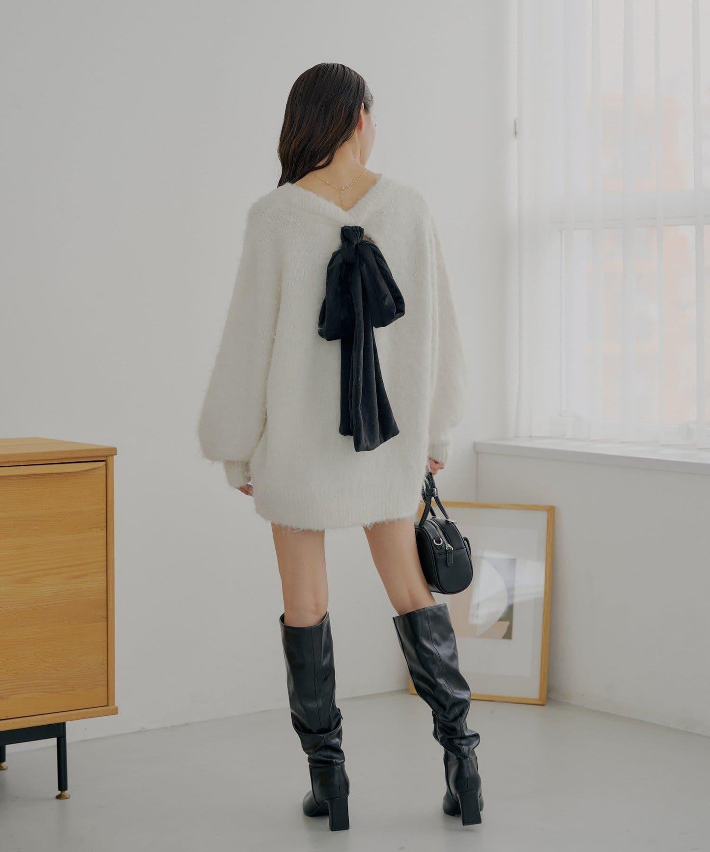 2WAY背部開口天鵝絨蝴蝶結寬鬆針織衫