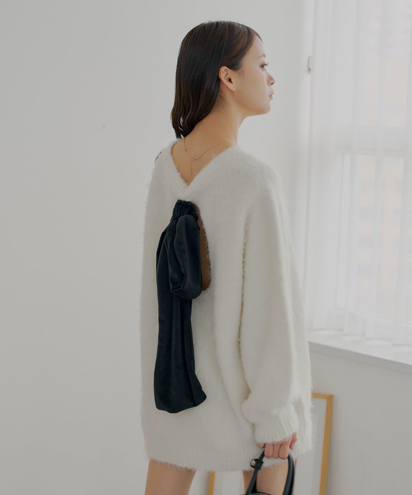 2WAY背部開口天鵝絨蝴蝶結寬鬆針織衫