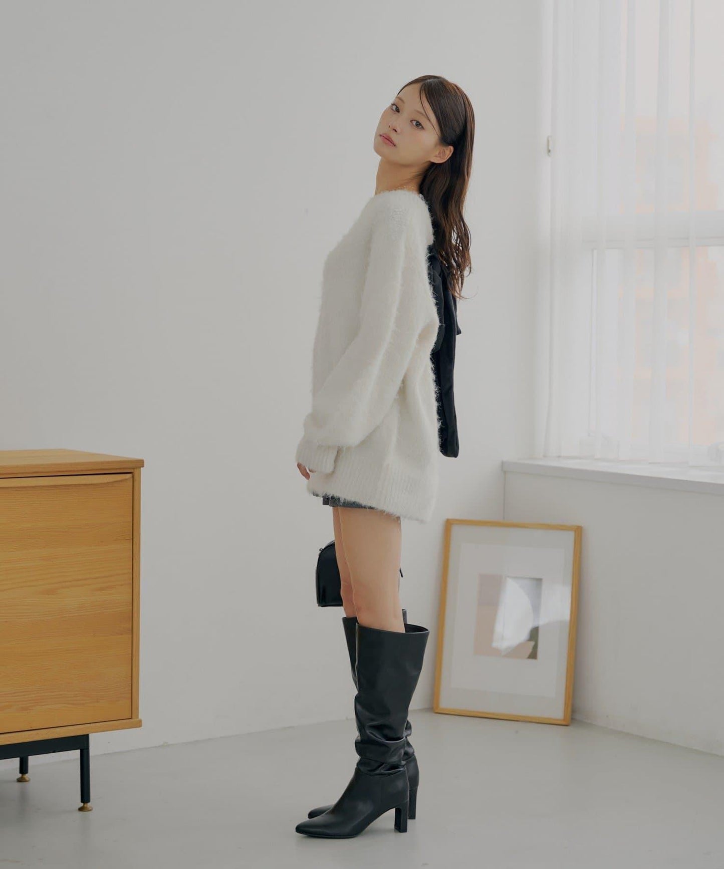 2WAY背部開口天鵝絨蝴蝶結寬鬆針織衫