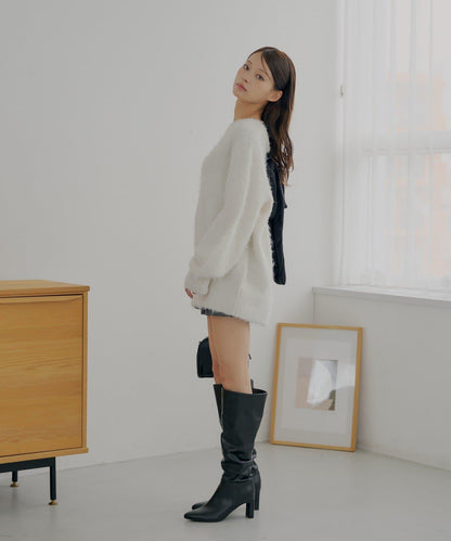 2WAY背部開口天鵝絨蝴蝶結寬鬆針織衫