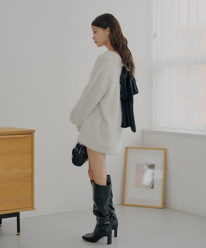 2WAY背部開口天鵝絨蝴蝶結寬鬆針織衫