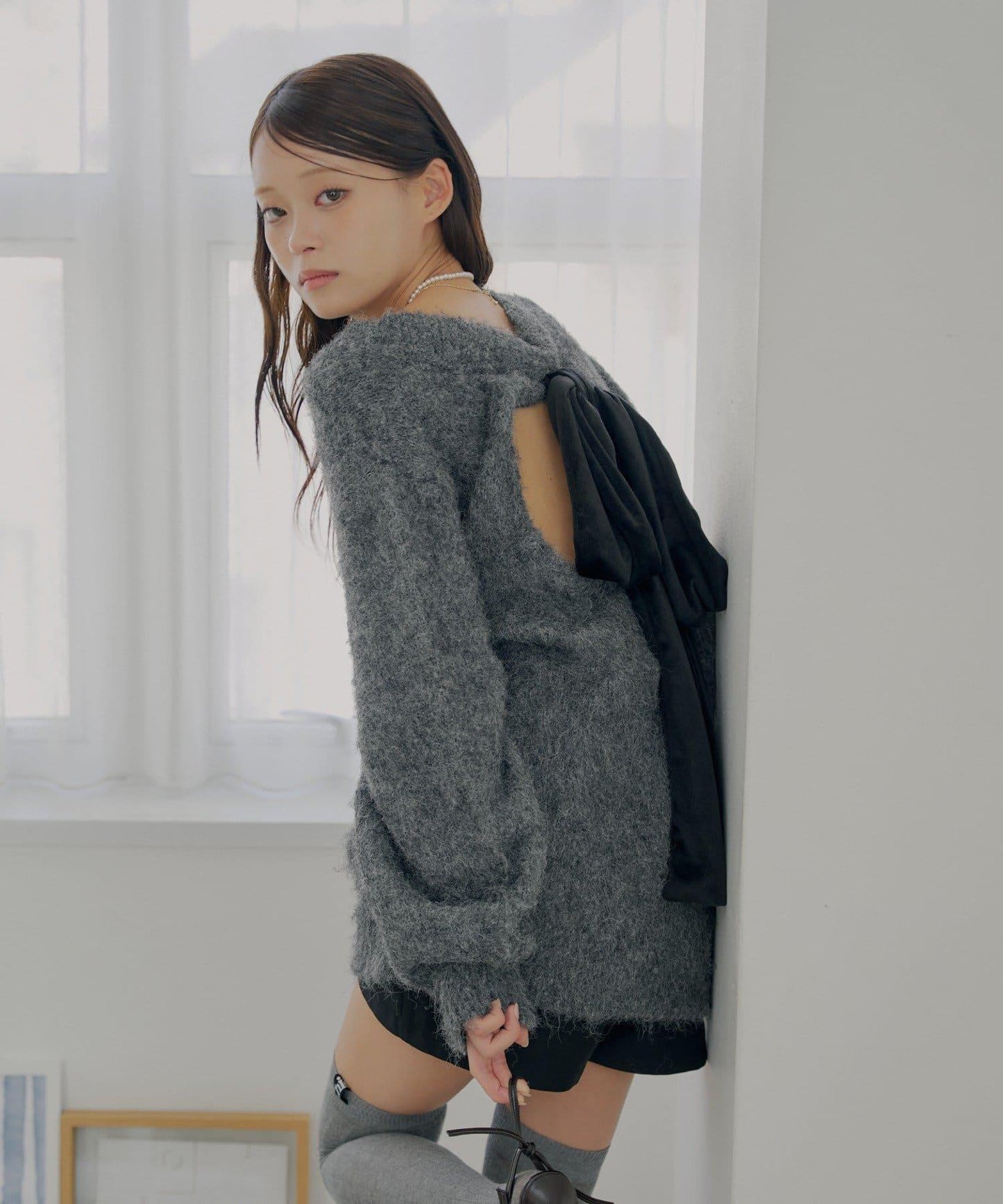 2WAY背部開口天鵝絨蝴蝶結寬鬆針織衫