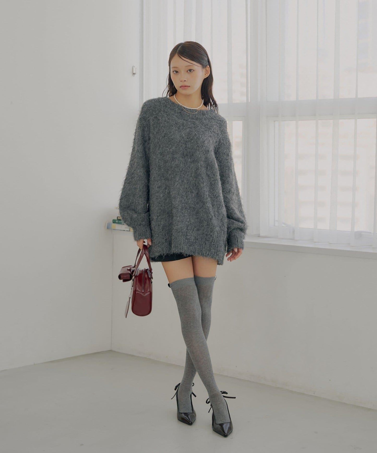 2WAY背部開口天鵝絨蝴蝶結寬鬆針織衫