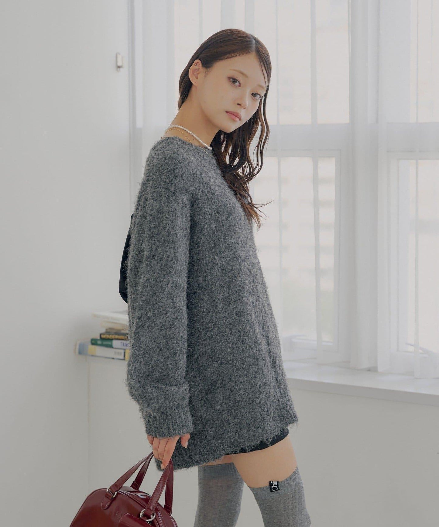 2WAY背部開口天鵝絨蝴蝶結寬鬆針織衫