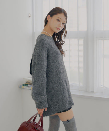 2WAY背部開口天鵝絨蝴蝶結寬鬆針織衫