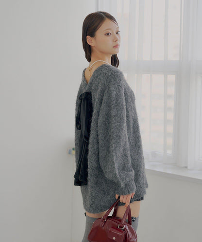 2WAY背部開口天鵝絨蝴蝶結寬鬆針織衫