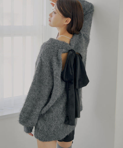 2WAY背部開口天鵝絨蝴蝶結寬鬆針織衫