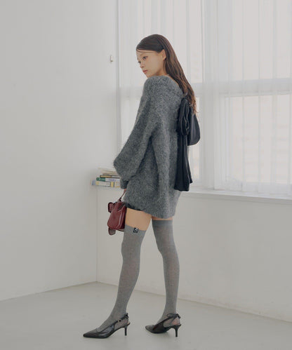 2WAY背部開口天鵝絨蝴蝶結寬鬆針織衫